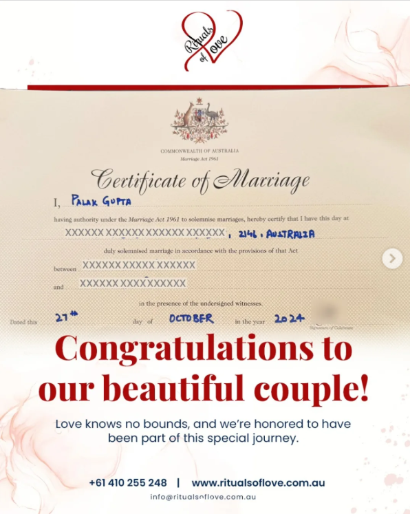 Official marriage certificate congratulations post for a couple married in Sydney
