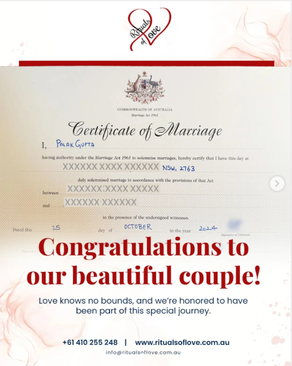 Official marriage certificate congratulations post for a couple married in NSW