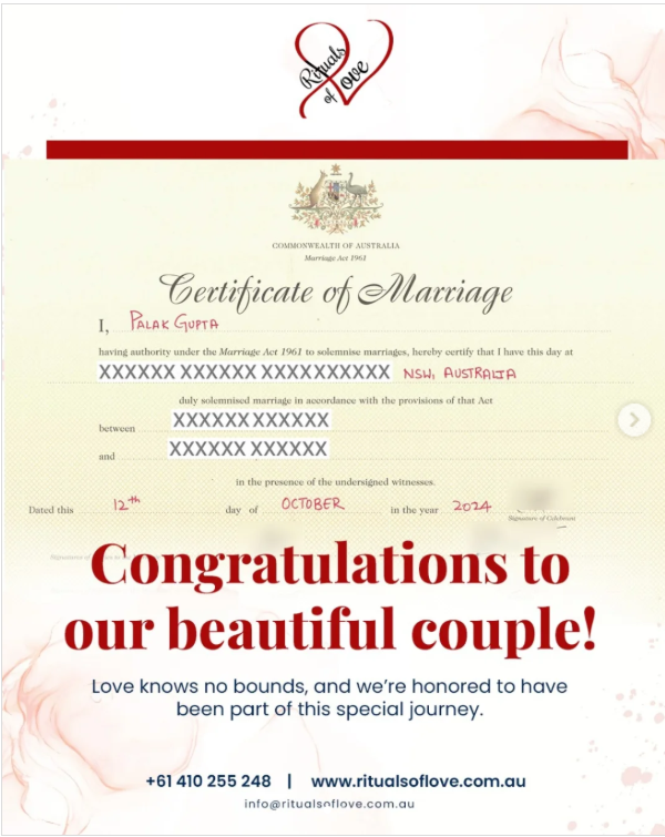 Official marriage certificate congratulations post for a couple married in NSW